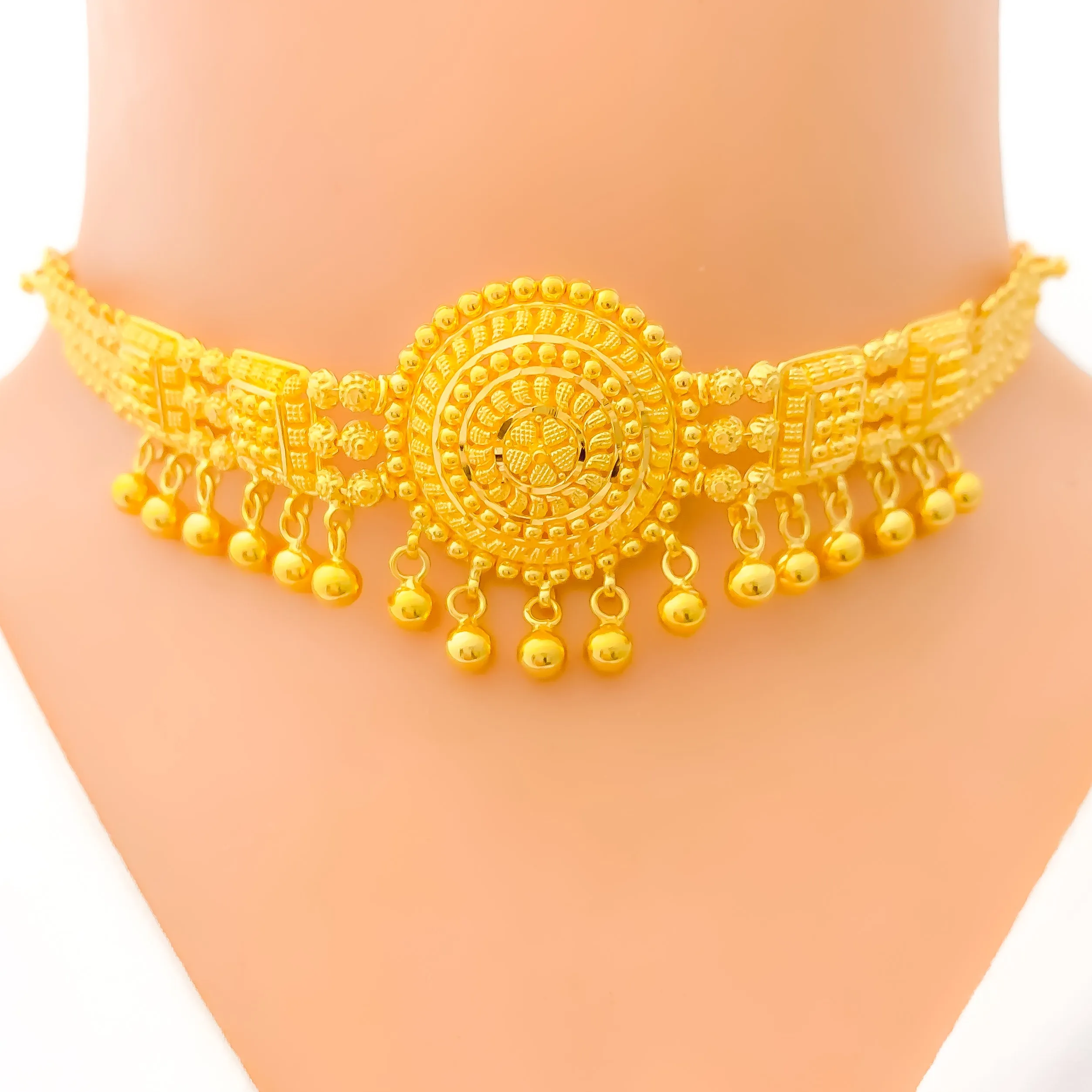 Attractive Floral Dome 22k Gold Choker w/ Beaded Tassels 1