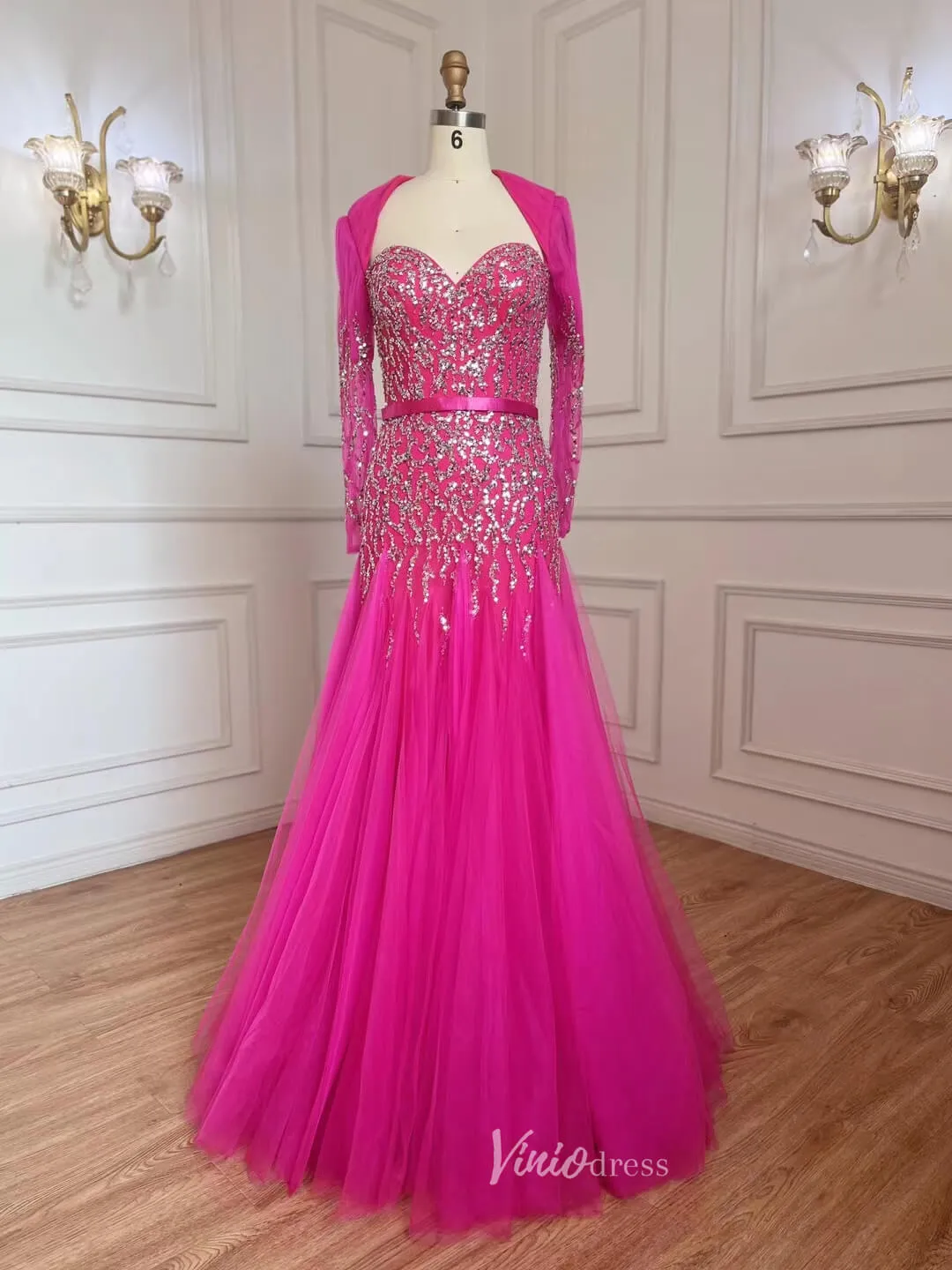 Beaded Fuchsia Evening Dresses Open Back Green Prom Dress 20060