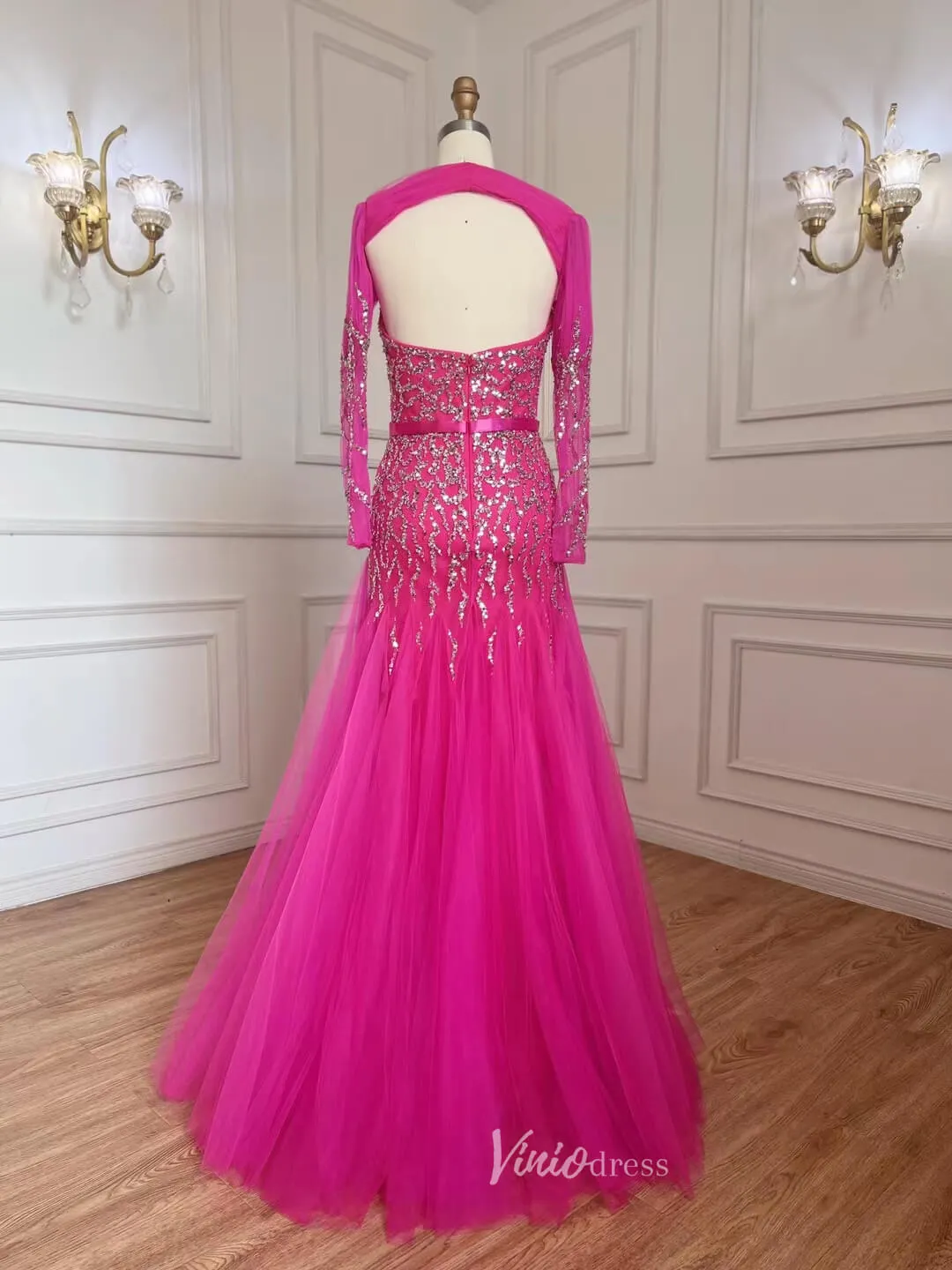 Beaded Fuchsia Evening Dresses Open Back Green Prom Dress 20060