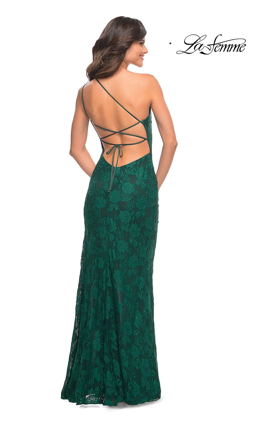 Beaded-Lace One-Shoulder La Femme Long Prom Dress