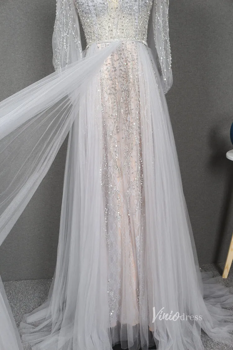 Beaded Silver Prom Dresses Batwing Sleeve A-line Formal Dress FD2381