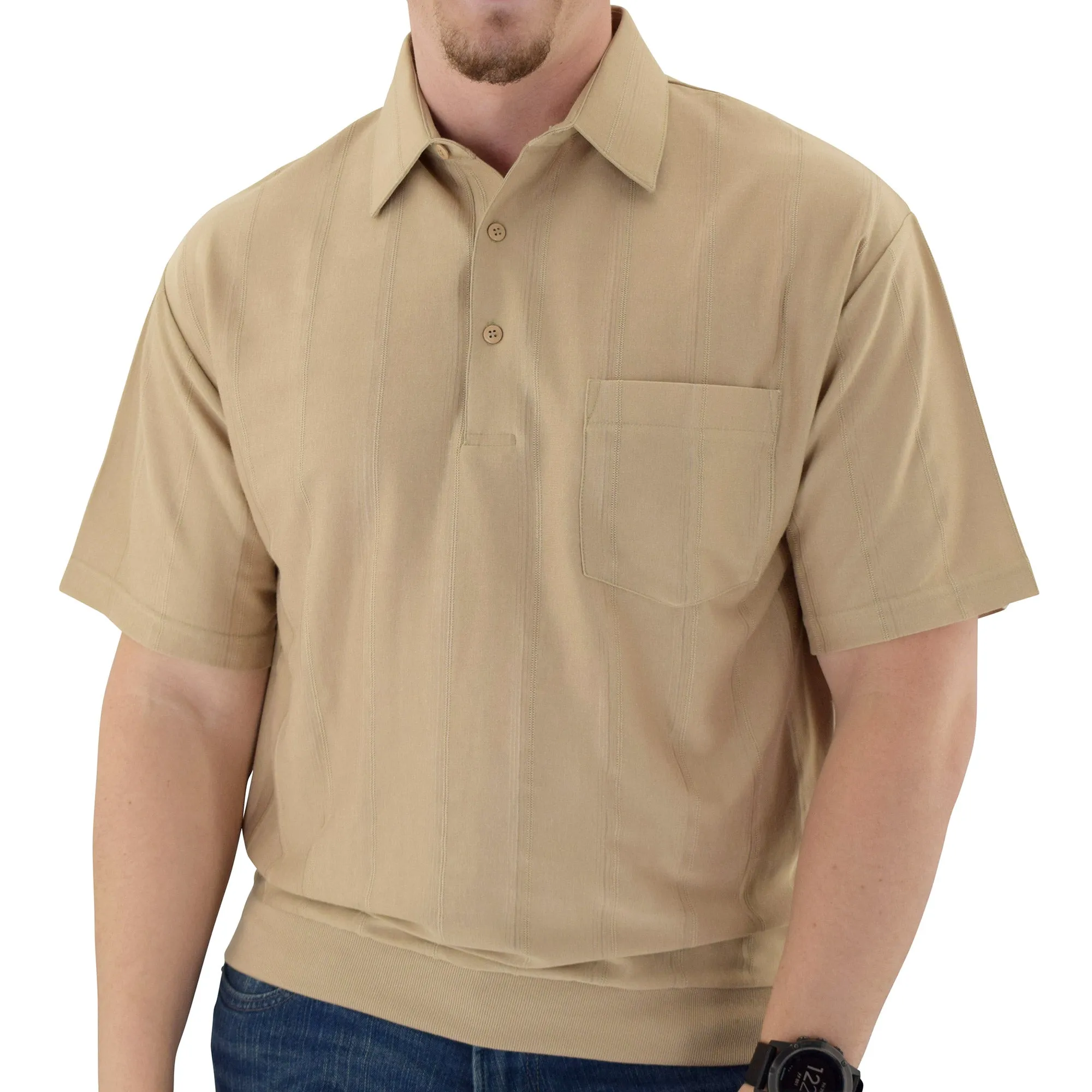 Big and Tall Tone on Tone Textured Knit Short Sleeve Banded Bottom Shirt - 6010-16BT - Taupe