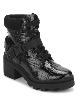 Black Croc Patent Buckle Belt Lace-Up Block Heel Ankle Boots