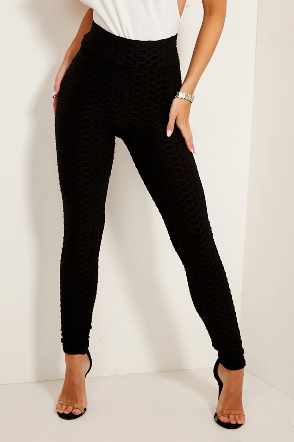 Black Ruched Bum High Waisted Textured Leggings