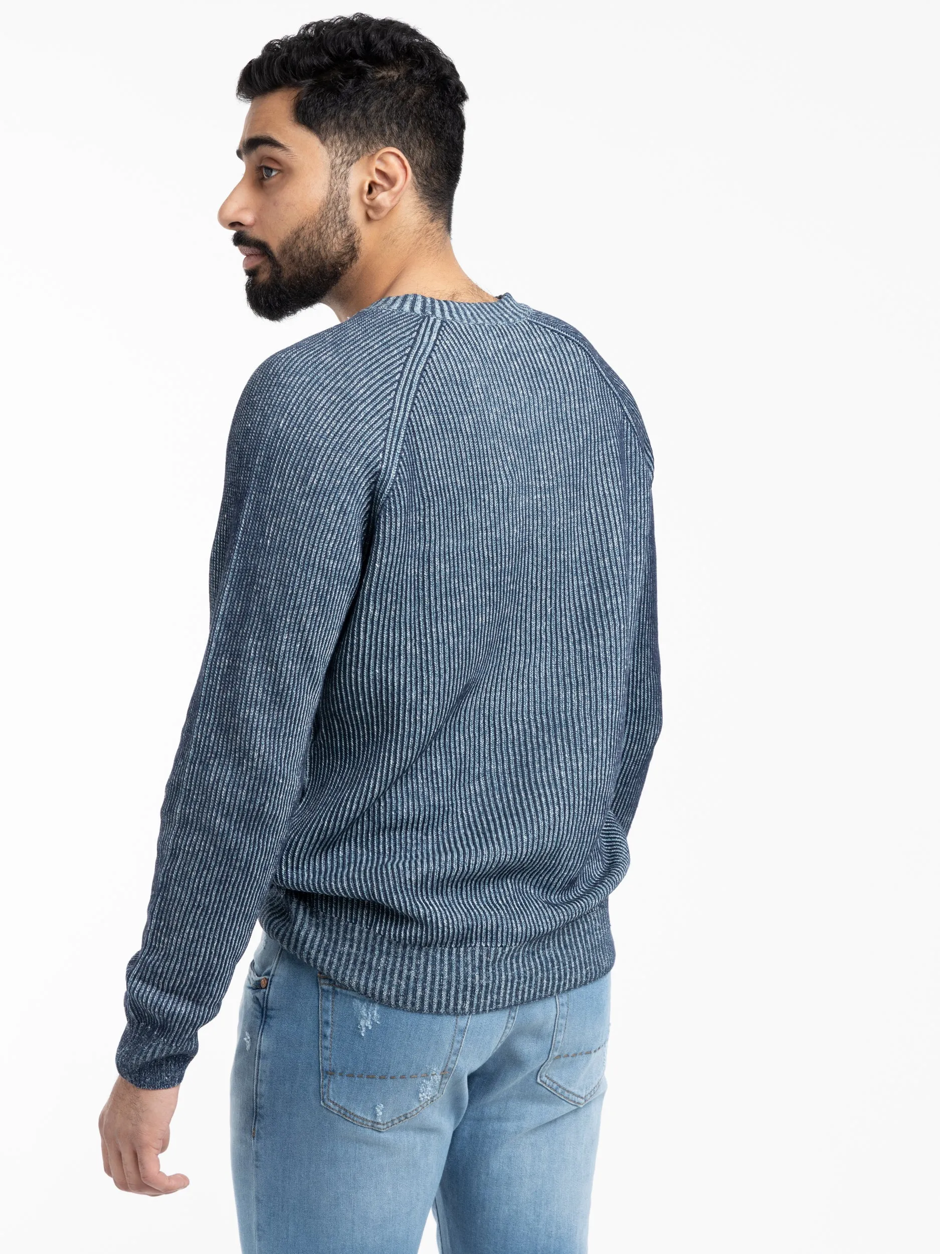 Blue Ribbed Flax-Cotton Crewneck Sweater