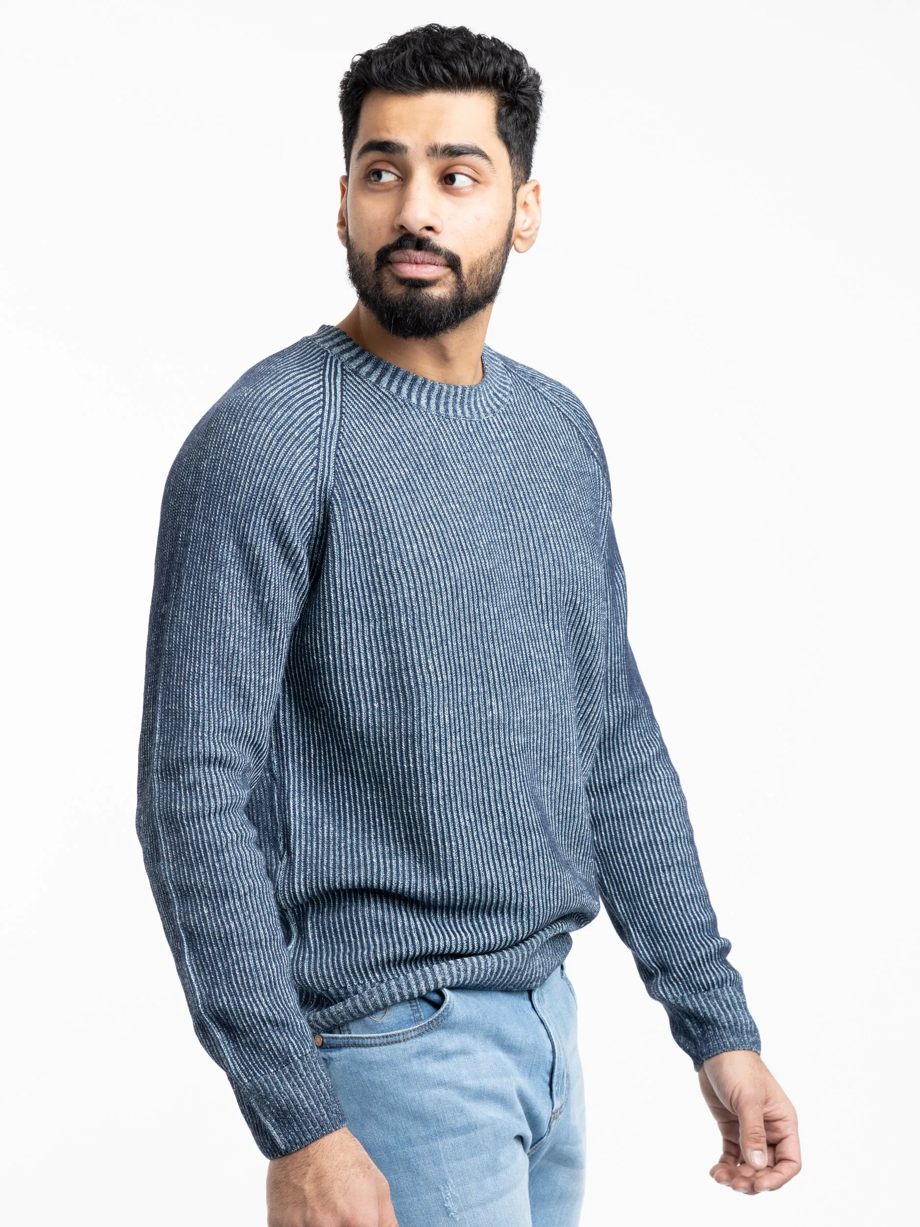 Blue Ribbed Flax-Cotton Crewneck Sweater