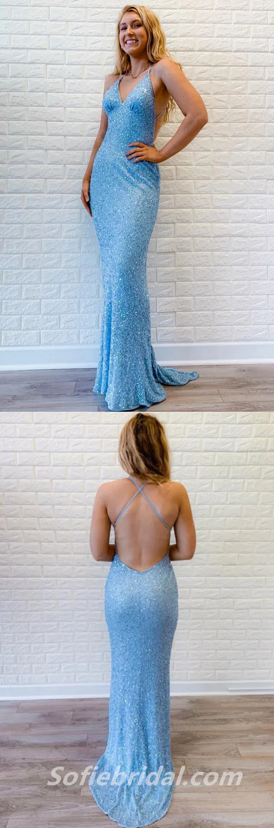 Blue Sequin V Neck Backless Mermaid Long Prom Dresses/Formal Graduation Evening Dresses,SFPD0282