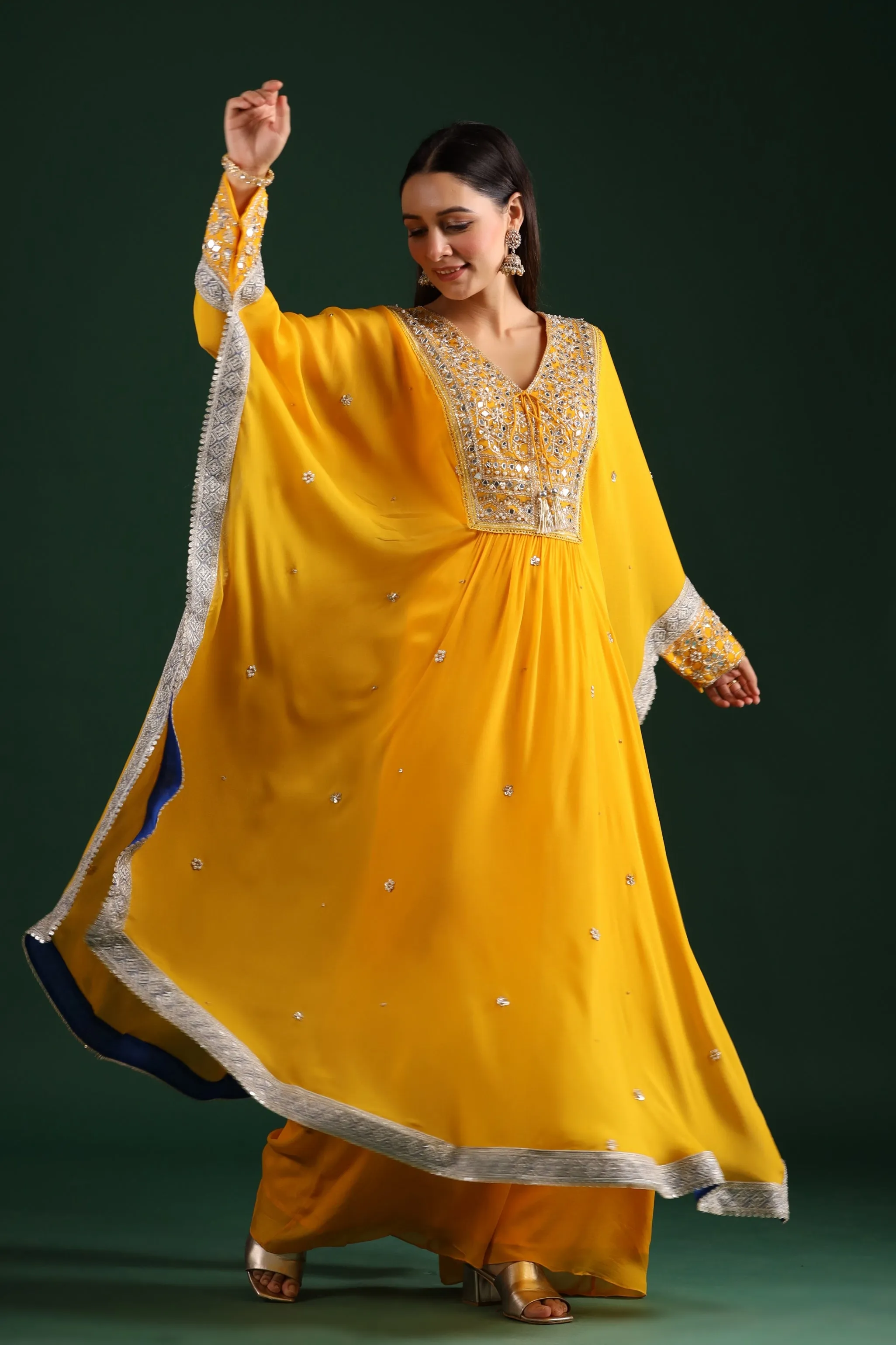 Bright Yellow Embellished Kaftan Palazzo Set