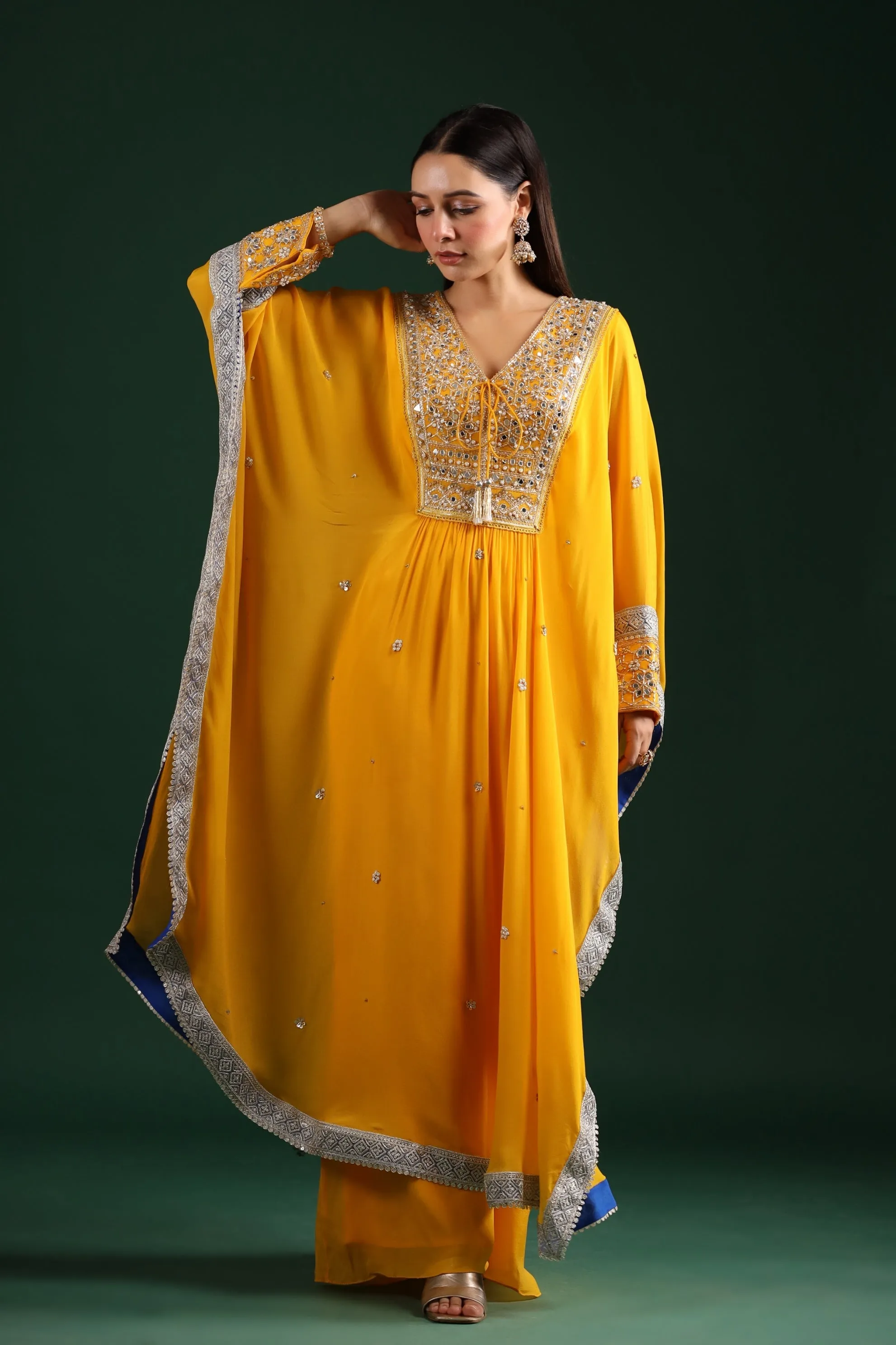 Bright Yellow Embellished Kaftan Palazzo Set