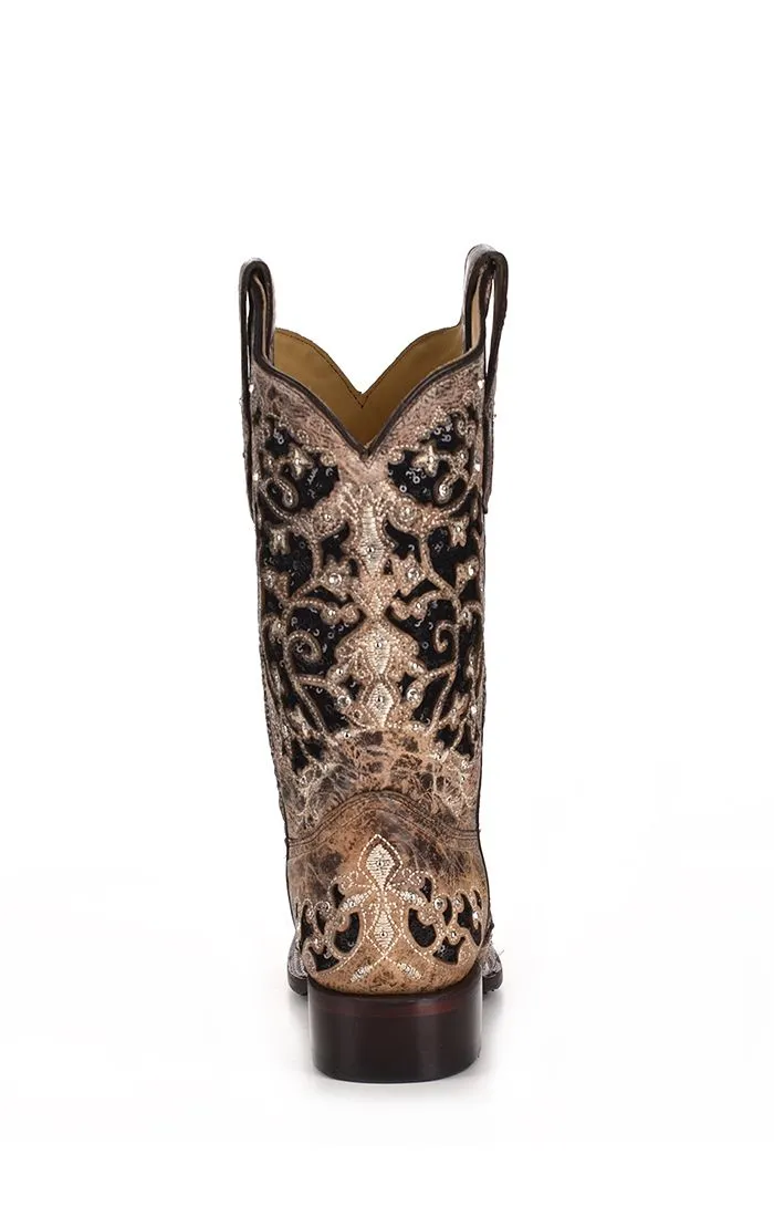 Brown Inlay Studs Crystals & Embroidery Western Boot - Corral Boots at Bourbon Cowgirl