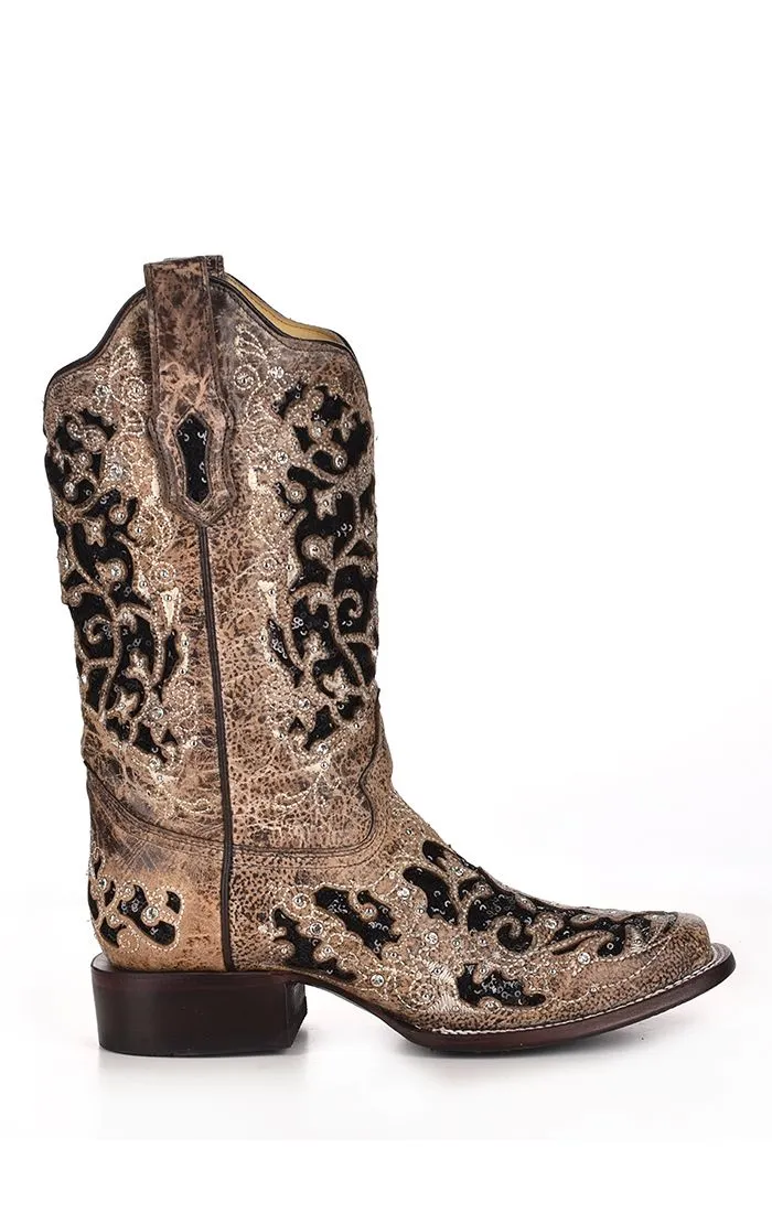 Brown Inlay Studs Crystals & Embroidery Western Boot - Corral Boots at Bourbon Cowgirl