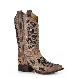 Brown Inlay Studs Crystals & Embroidery Western Boot - Corral Boots at Bourbon Cowgirl