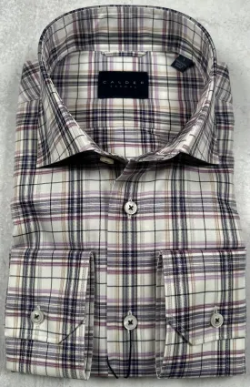 Calder Carmel Luxury 120's 2Ply Twill Plaid Windowpane Sport Shirt in Plum