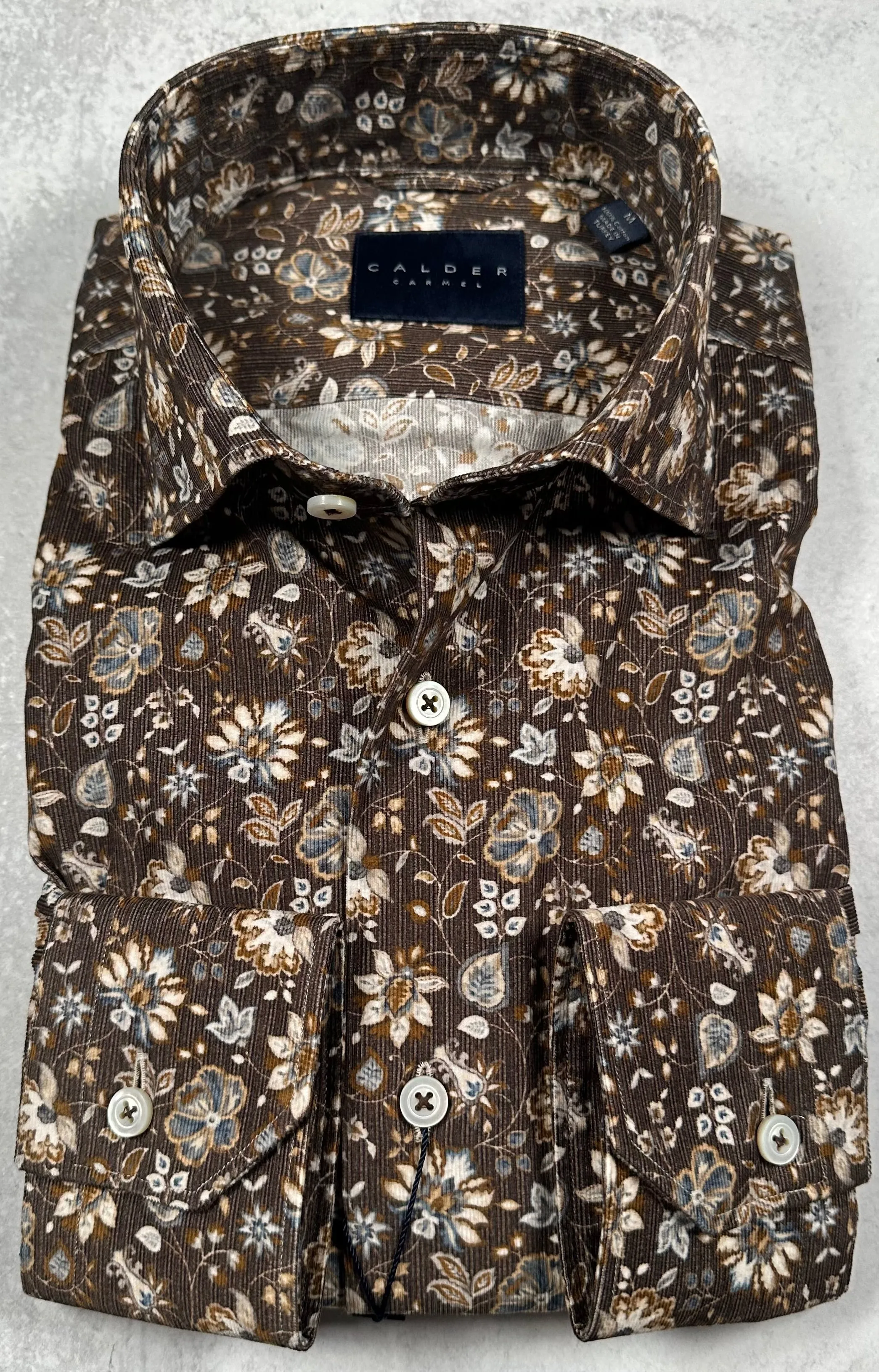 Calder Carmel Luxury Italian Printed Baby Cord Tossed Florals Sport Shirt in Espresso