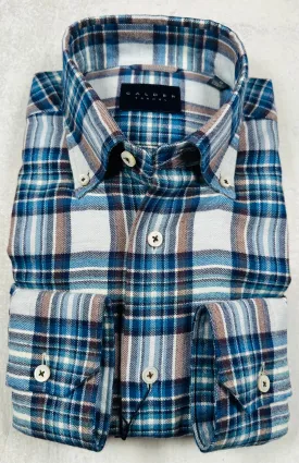 Calder Carmel Ultimate Luxe Double Twisted Plaid Flannel Sport Shirt in Cadet