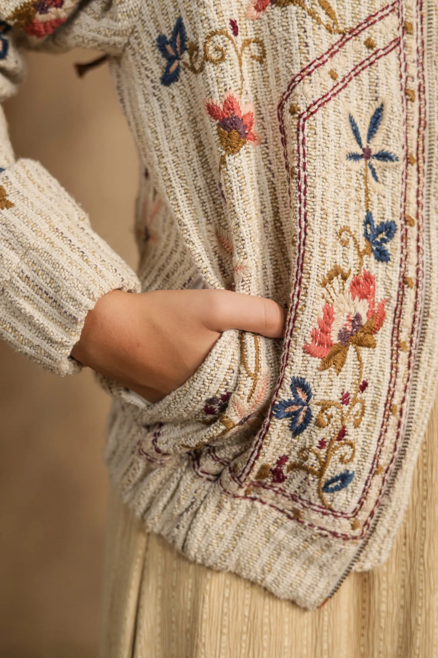 Cream Thread Embroidered German Greek Jute Jacket