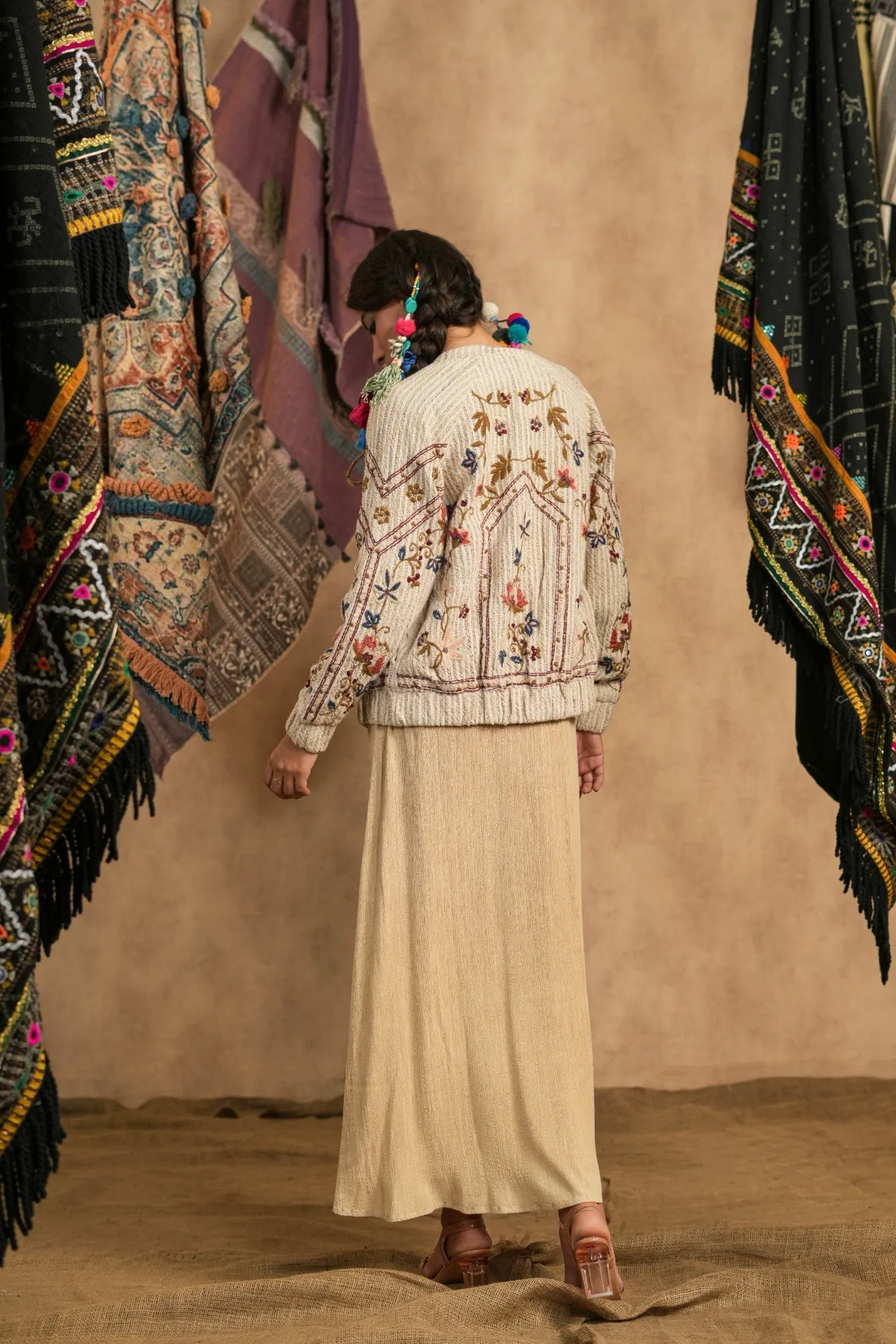 Cream Thread Embroidered German Greek Jute Jacket