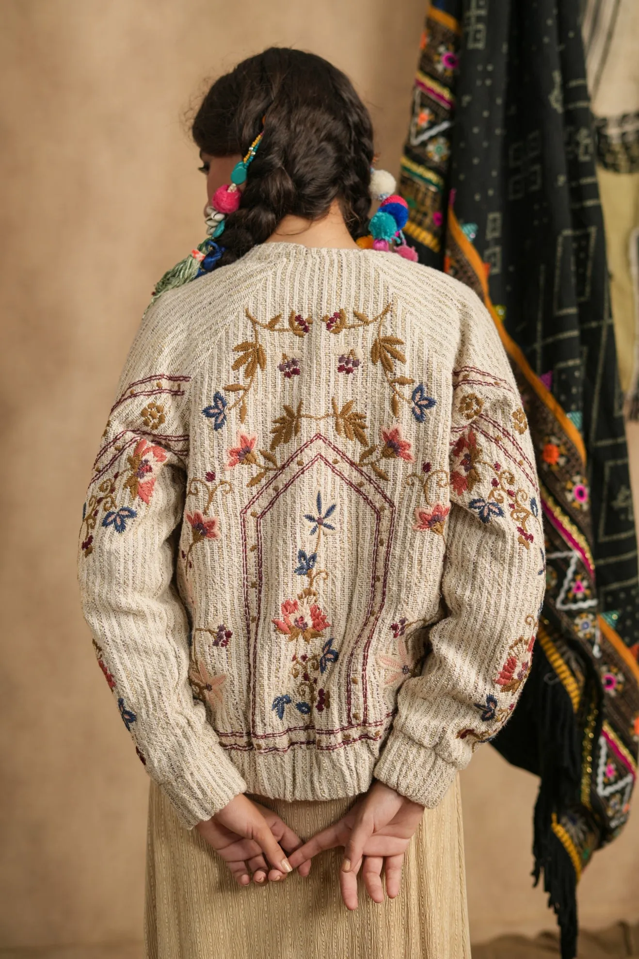 Cream Thread Embroidered German Greek Jute Jacket