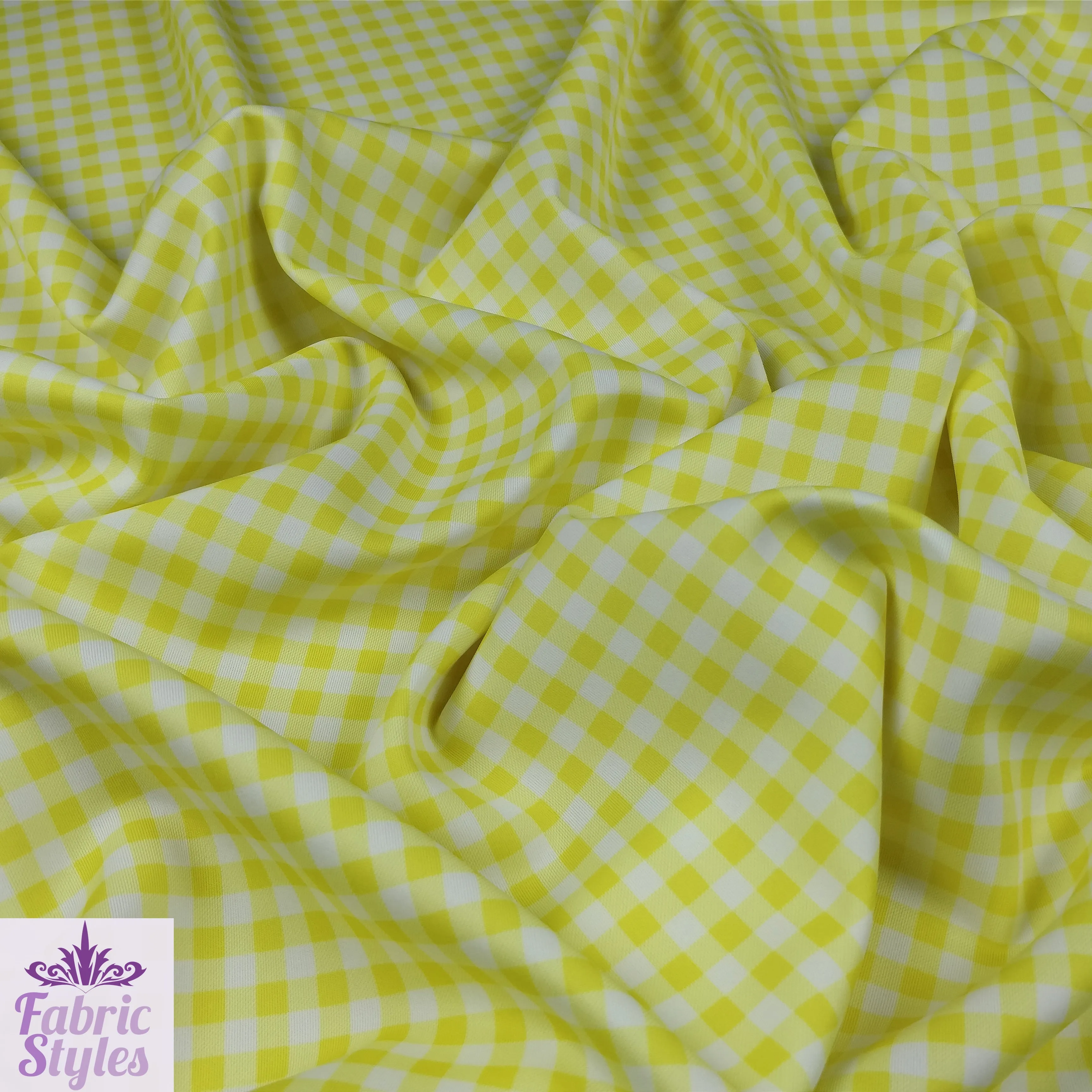 FS130_4 Yellow Gingham Print Scuba Stretch Fabric Yellow