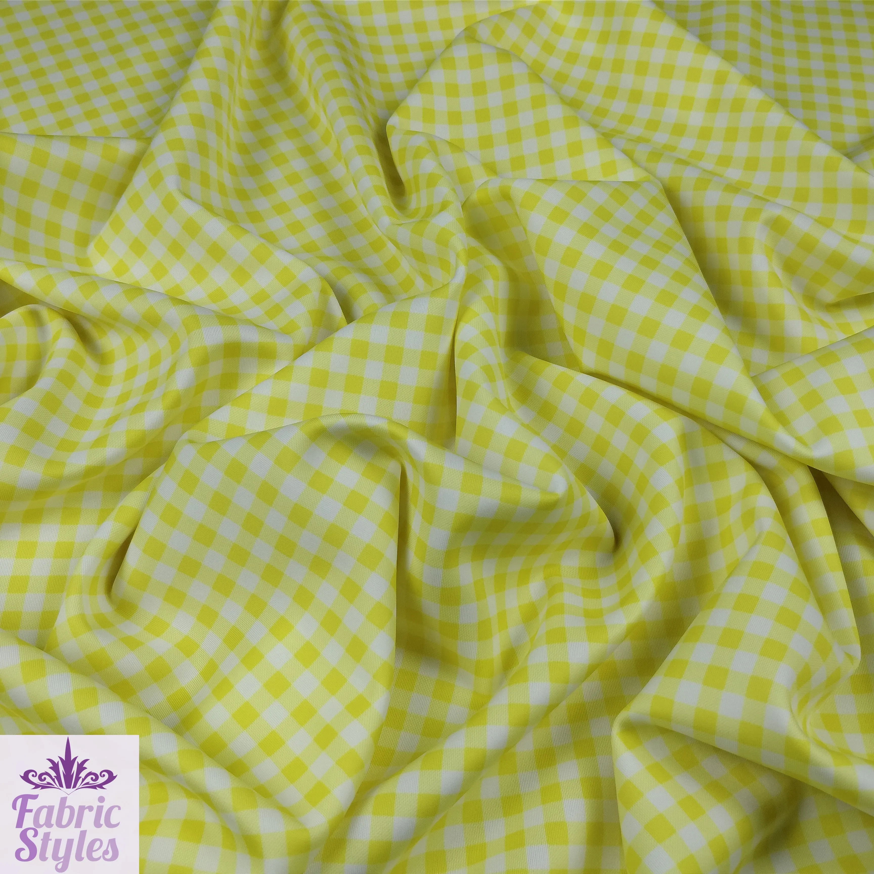 FS130_4 Yellow Gingham Print Scuba Stretch Fabric Yellow