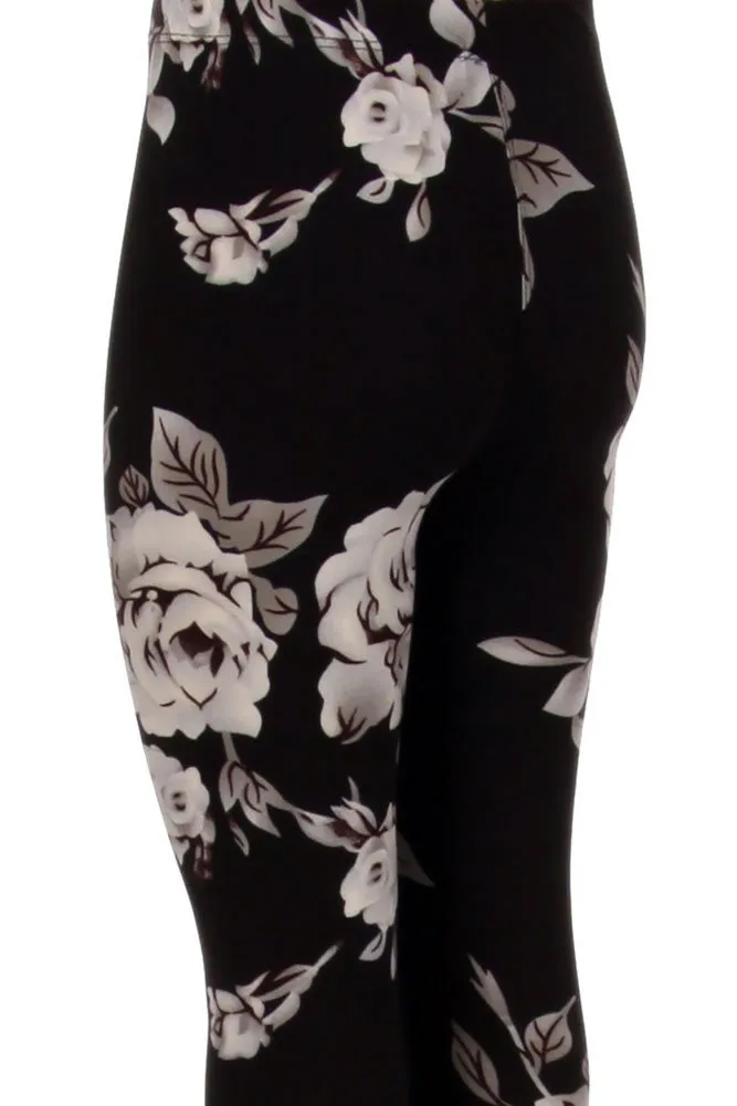 Girls Big White Rose Floral Pattern Print Leggings