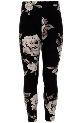 Girls Big White Rose Floral Pattern Print Leggings