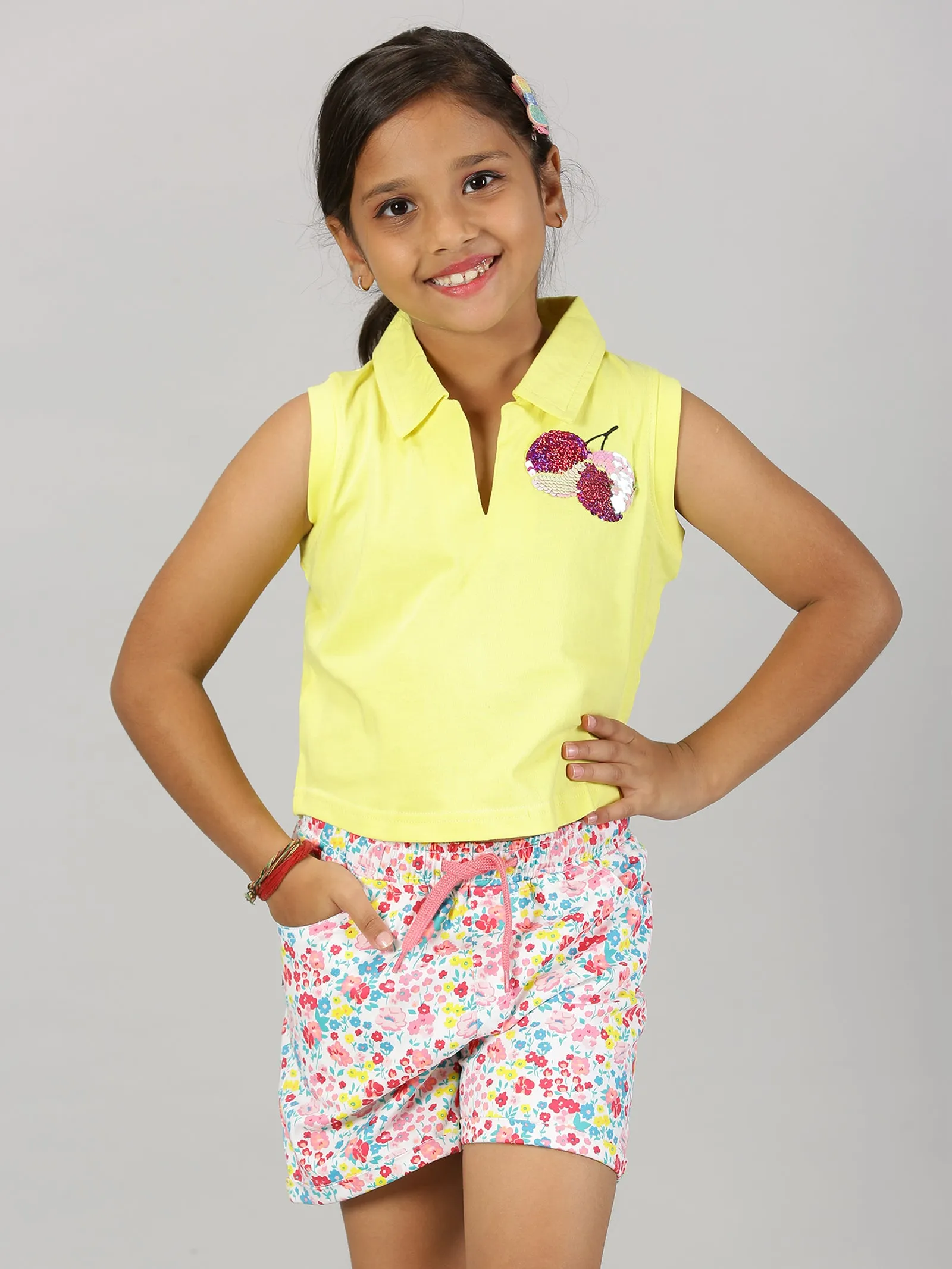 Girls Cropped Applique Embroidery Polo Tee & Rollup Hot Shorts Set