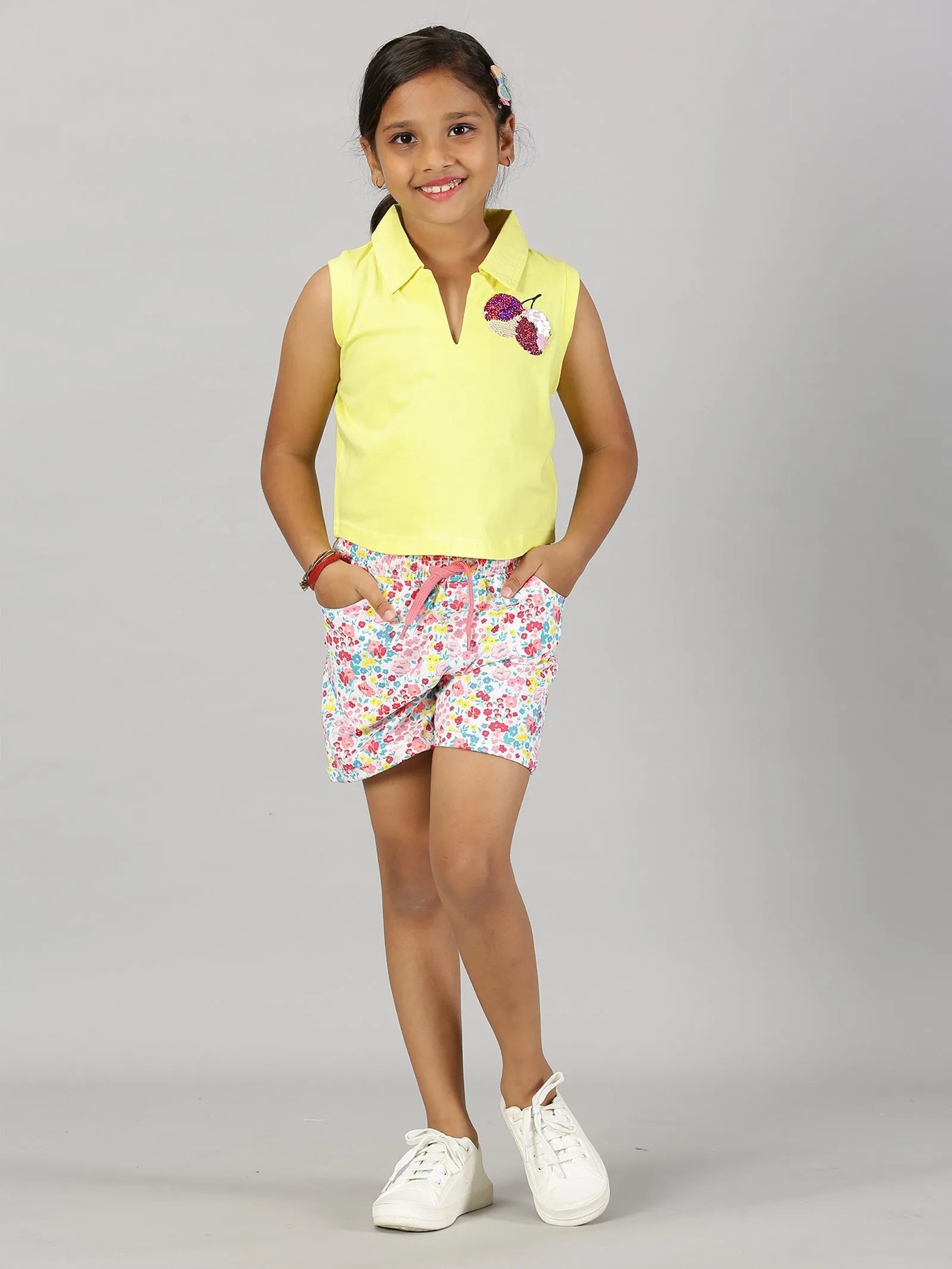 Girls Cropped Applique Embroidery Polo Tee & Rollup Hot Shorts Set