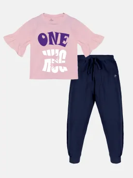 Girls Printed Frill half Sleeve Tee & Solid Track Pant Set