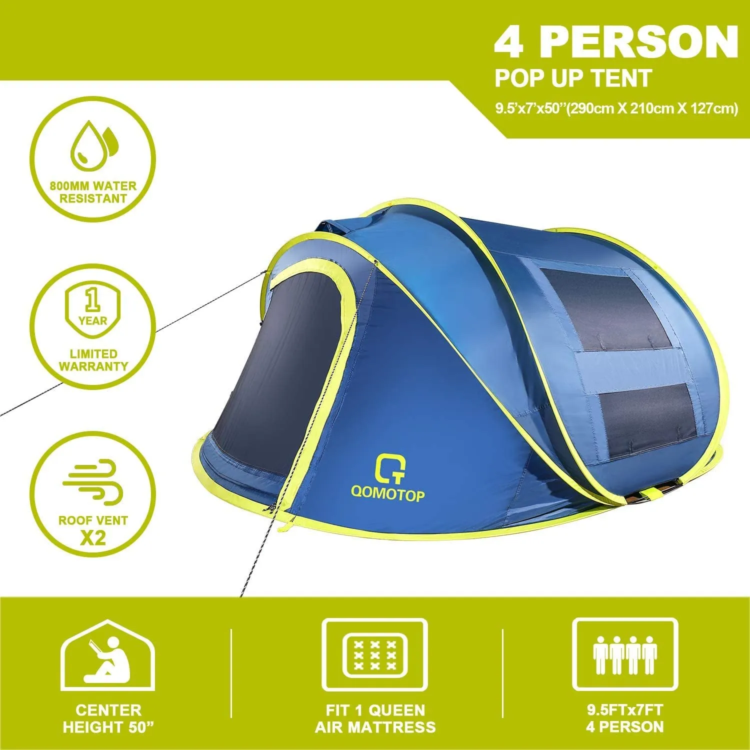 Instant 4-Person Pop-Up Tent with 4 Ventilated Mesh Windows and 2 Doors