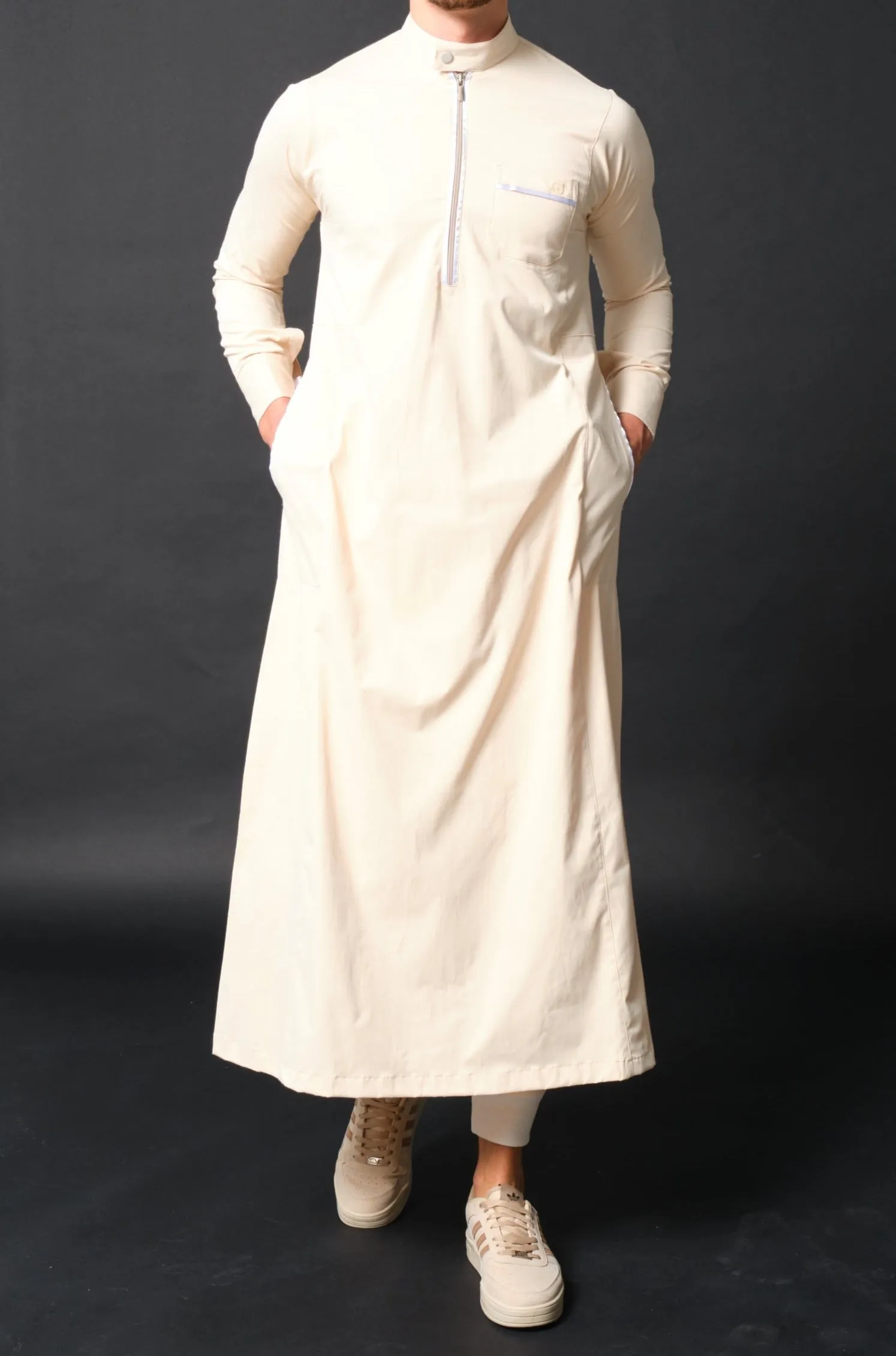 Islamic Long Thobe Kamees AMIR QL in Beige and White