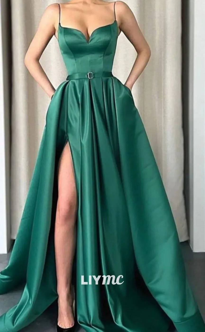 LP1111 - A Line Sweetheart Satin Long Formal Prom Dress with Pockets