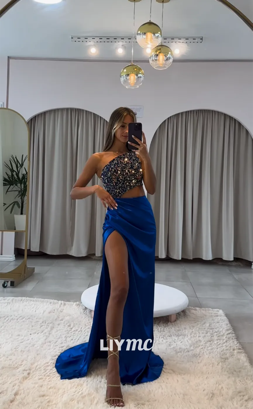 LP1175 - One Shoulder Sequins Long Semi Formal Prom Dress with Slit