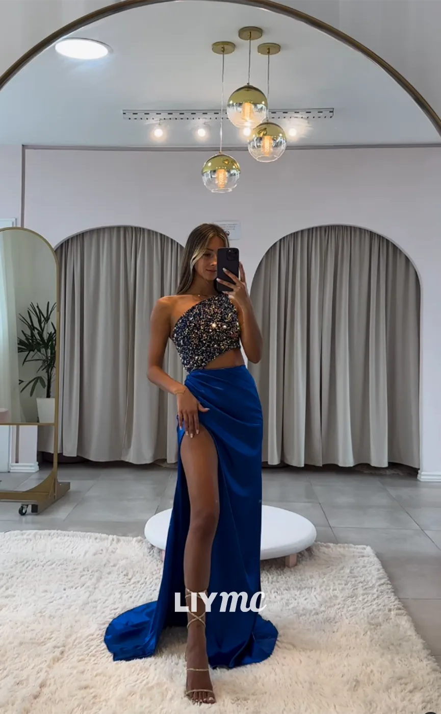 LP1175 - One Shoulder Sequins Long Semi Formal Prom Dress with Slit