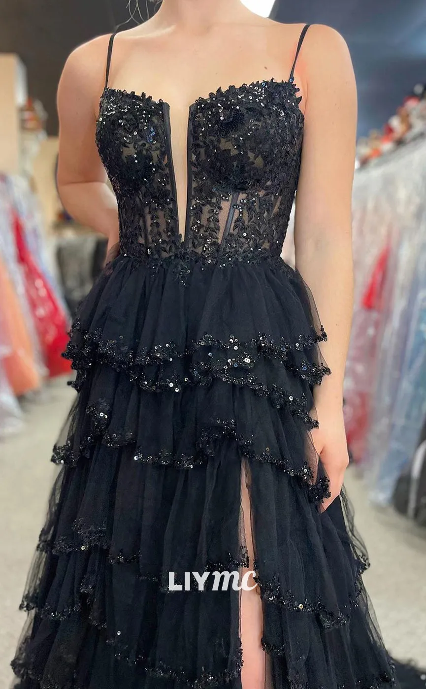 LP1197 - A Line Illusion V Neck Lace Appliques Black Formal Prom Dress with Slit