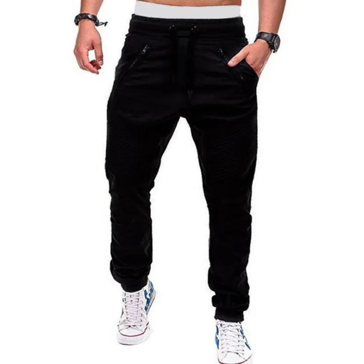 Men's Jogging Drawstring Pants Solid Color Zipper Pocket Outdoor Sports Pencil Pants | 8812