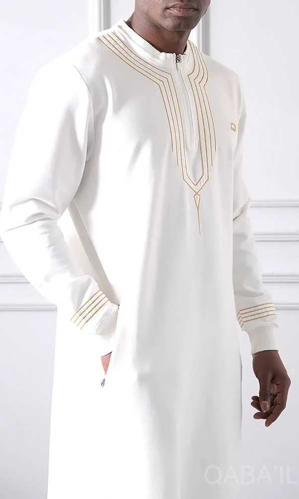 Muslim Men's Embroidered Long Thobe Kamees Sham QL in Cream