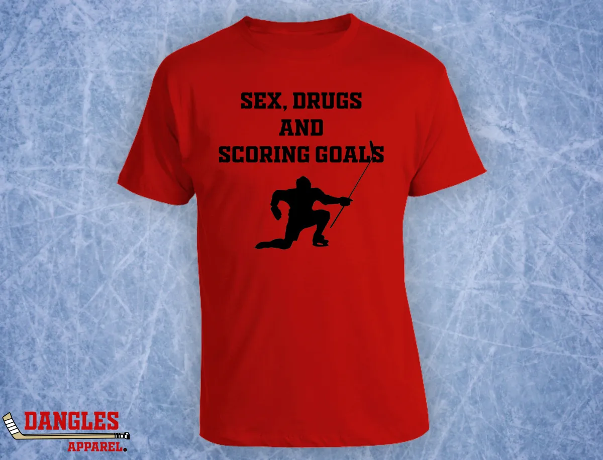 Hockey-Themed T-Shirt with Sex, Drugs and Scoring Goals Slogan - Item FA120