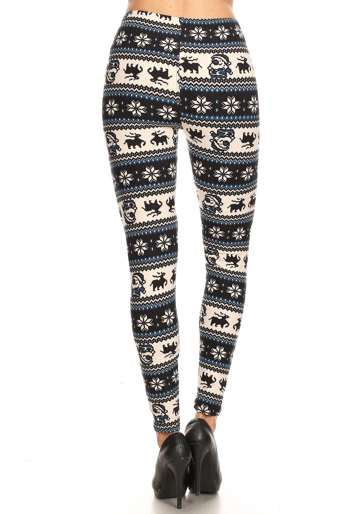 Women's Plus B&W Santa Reindeer Fair Isle Pattern Printed Leggings