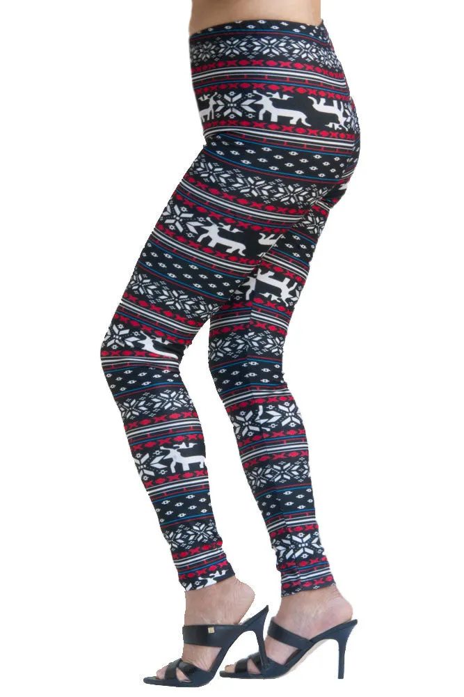 Women's Plus Blue Reindeer Fair Isle Design Printed Leggings