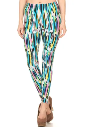 Women's Regular Abstract Paint Lines Pattern Printed Leggings - Blue Yellow