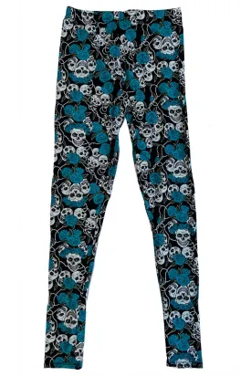 Women's Regular Blue Rose Silver Skull Pattern Printed Leggings